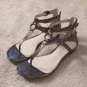 Enzo Angiolini Metallic Pewter Snake Gladiator Sandals with T-Strap 7.5 M